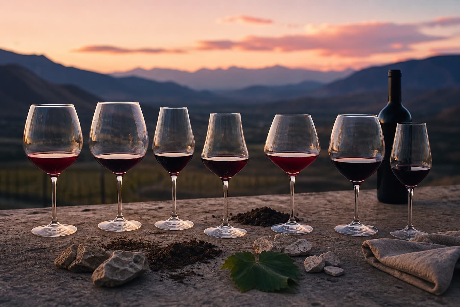 Siete copas de Malbec frente a un paisaje de montaña al atardecer