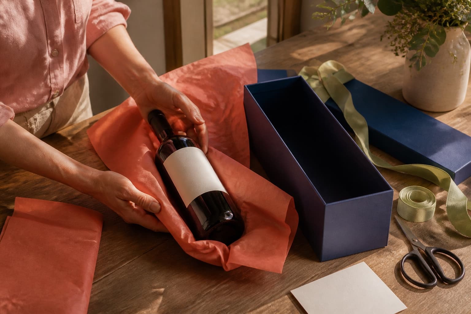 Una botella sin marca se envuelve con papel coral junto a una caja azul