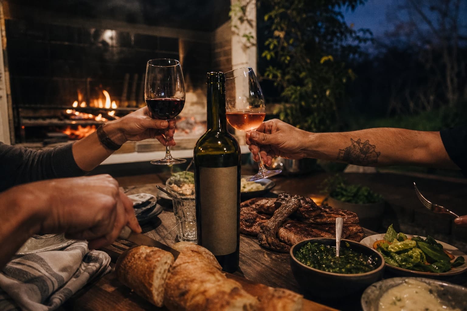 Una mesa de asado al anochecer con copas, comida y fuego de parrilla