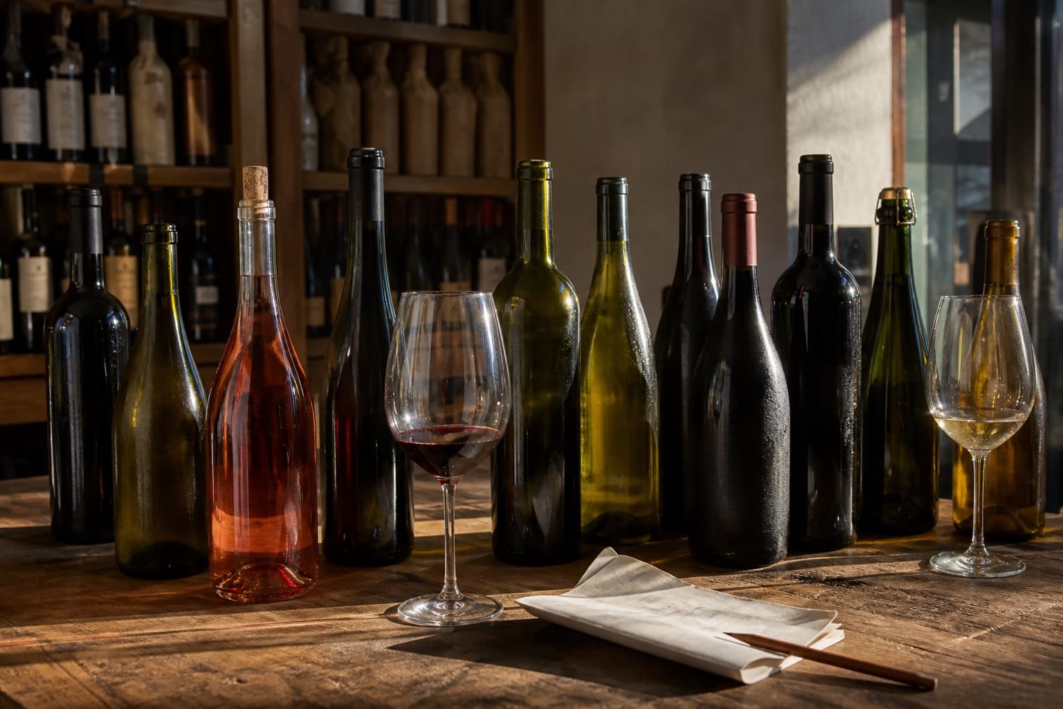 Diez botellas sin marca reunidas sobre una mesa de selección
