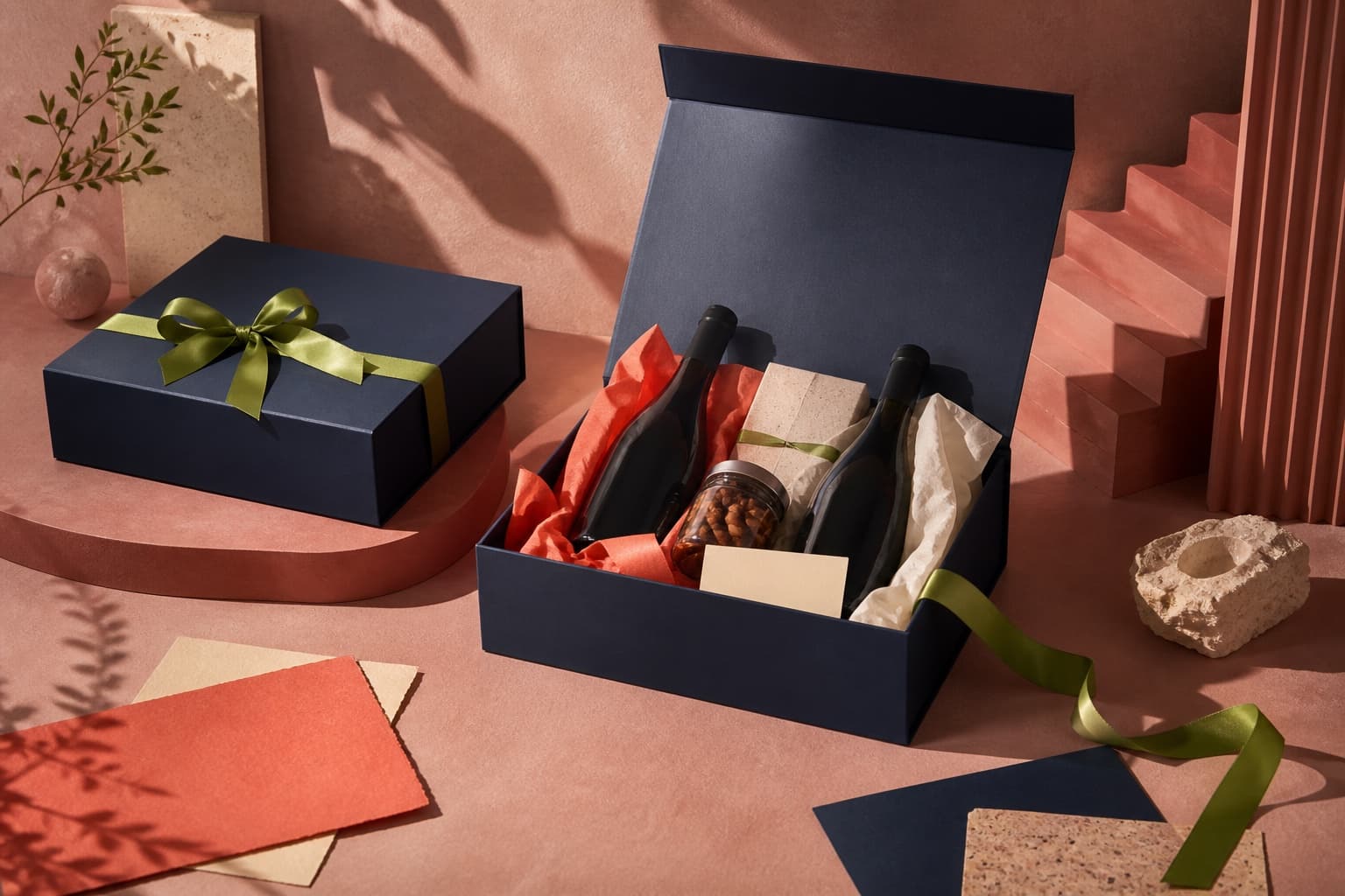 Dos cajas de regalo empresariales azules con vino y objetos gourmet sobre una escenografía coral