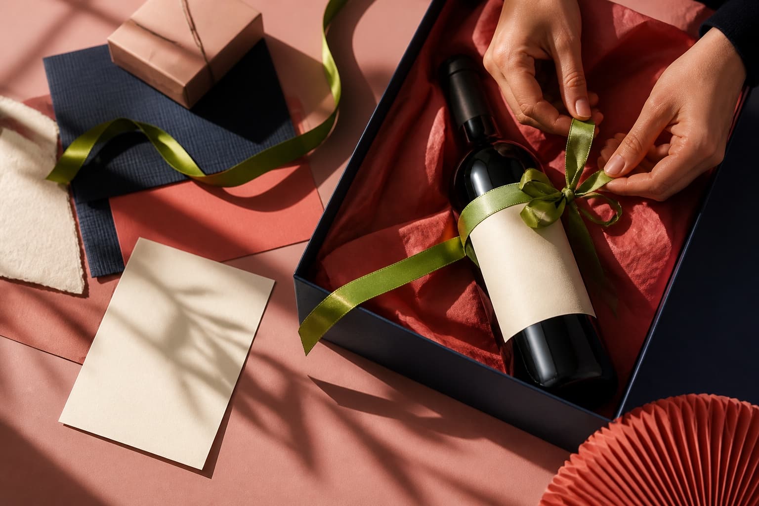 Manos terminan un regalo empresarial con cinta verde, papel coral y una botella dentro de una caja azul